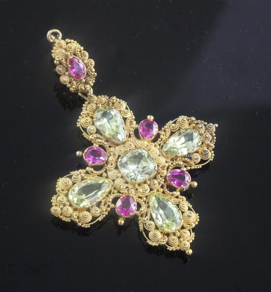 A late Victorian gold, ruby and green chrysoberyl set cross pendant, 2.5in.